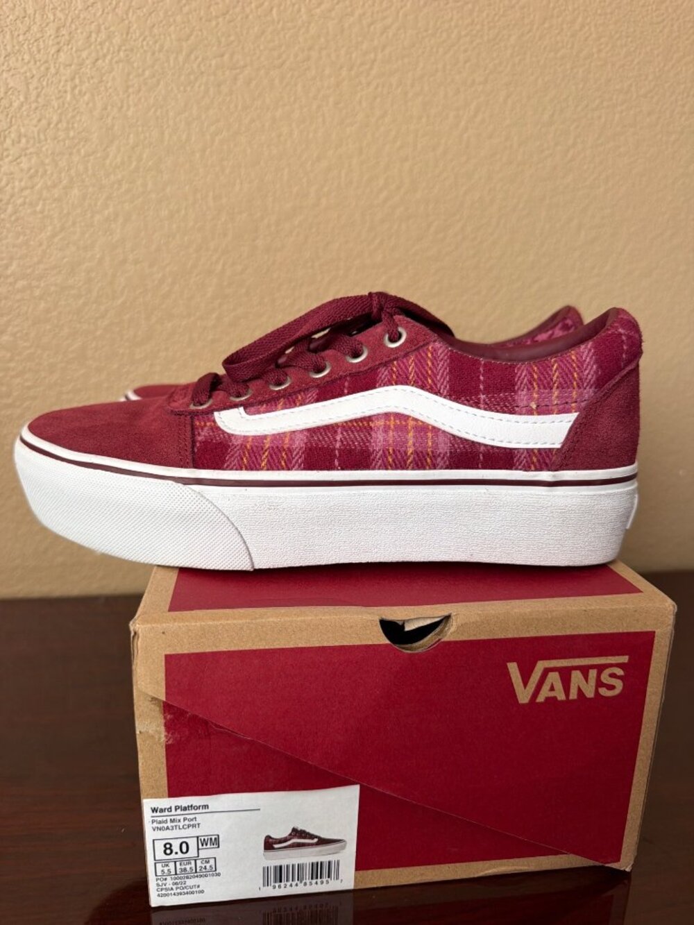 Vans Old Skool Ward Platform Plaid Sneakers Burgundy Size 8 Pre-owned w/Box - Picture 6 of 10